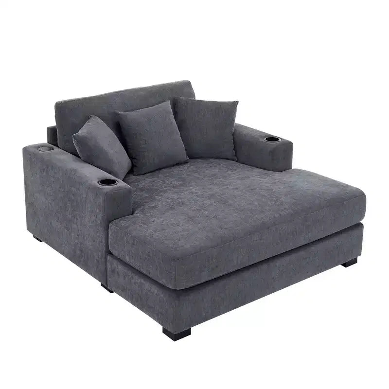 Modern Chenille Chaise Lounger with Charge Station, Cup Holders & Washable Cushions