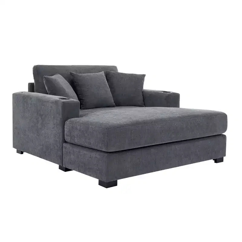 Modern Chenille Chaise Lounger with Charge Station, Cup Holders & Washable Cushions