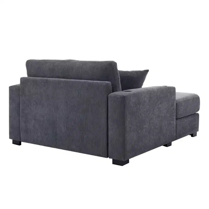 Modern Chenille Chaise Lounger with Charge Station, Cup Holders & Washable Cushions