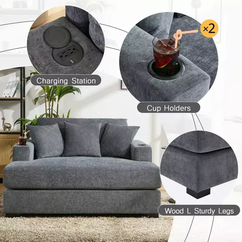 Modern Chenille Chaise Lounger with Charge Station, Cup Holders & Washable Cushions