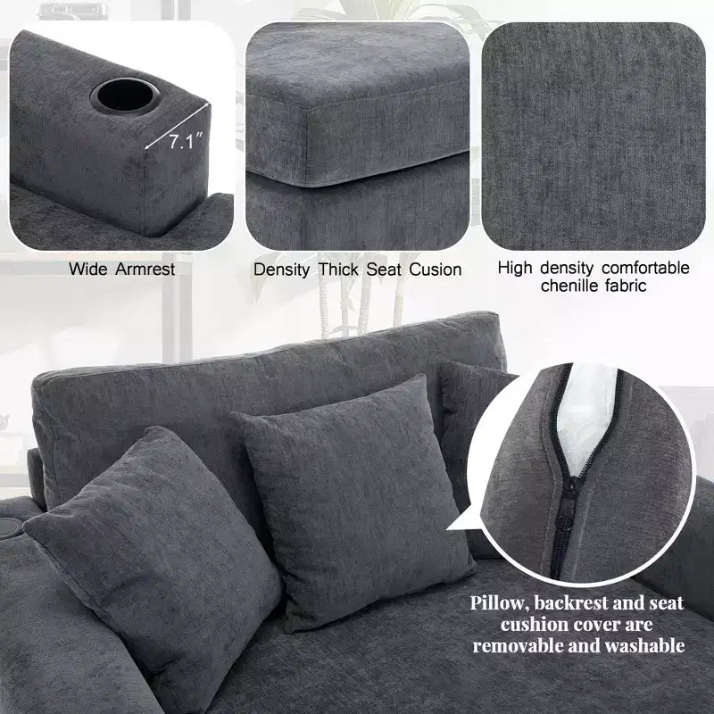 Modern Chenille Chaise Lounger with Charge Station, Cup Holders & Washable Cushions