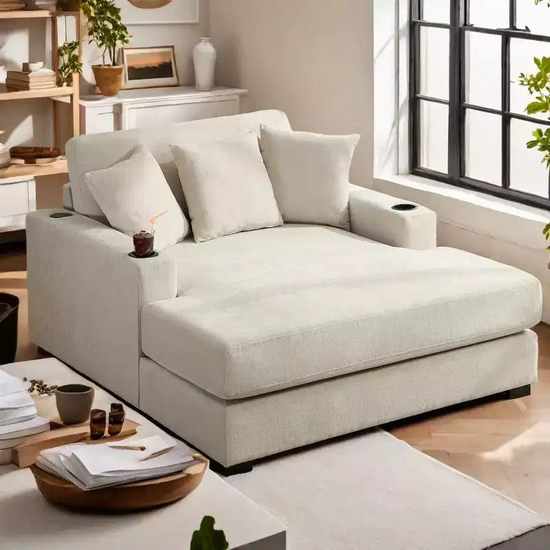 Modern Chenille Chaise Lounger with Charge Station, Cup Holders & Washable Cushions