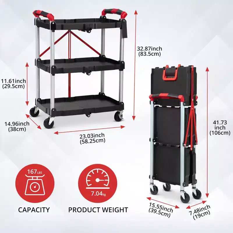 3-Tier Rolling Utility Cart - Foldable Storage with Locking Wheels for Kitchen, Office & More