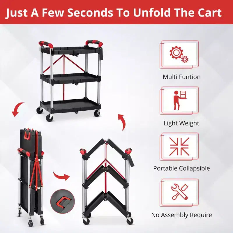 3-Tier Rolling Utility Cart - Foldable Storage with Locking Wheels for Kitchen, Office & More