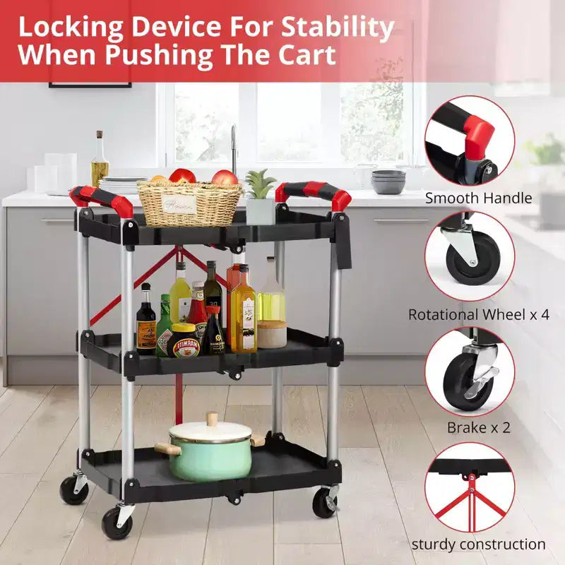 3-Tier Rolling Utility Cart - Foldable Storage with Locking Wheels for Kitchen, Office & More