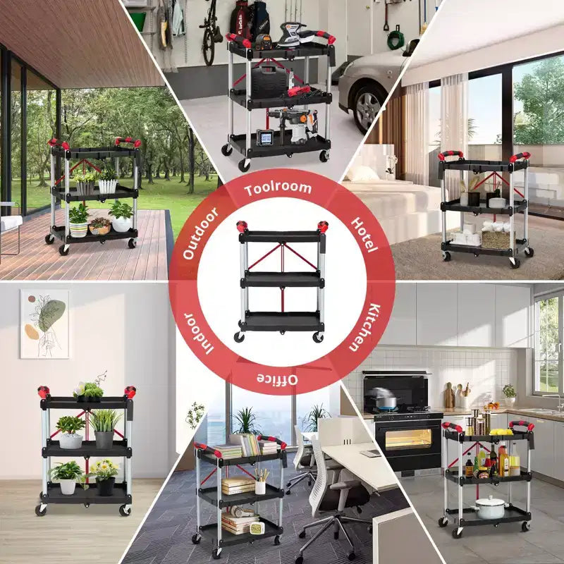 3-Tier Rolling Utility Cart - Foldable Storage with Locking Wheels for Kitchen, Office & More