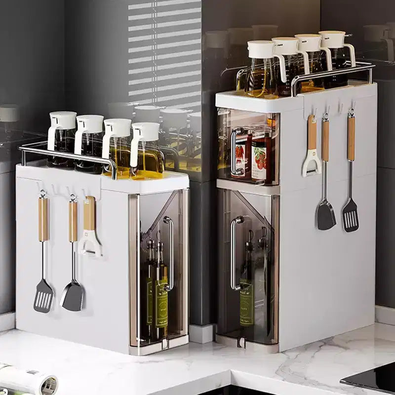 3-Tier Spice Organizer with Doors, Kitchen Cabinet Storage for Spices, Utensils & Cutlery, 4 Hooks, Dustproof Design