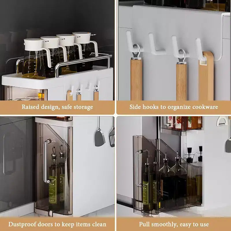 3-Tier Spice Organizer with Doors, Kitchen Cabinet Storage for Spices, Utensils & Cutlery, 4 Hooks, Dustproof Design