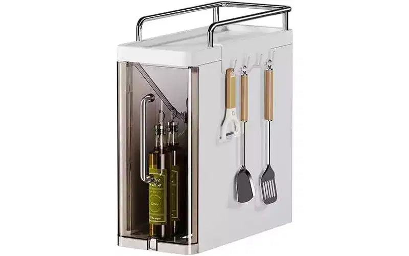 3-Tier Spice Organizer with Doors, Kitchen Cabinet Storage for Spices, Utensils & Cutlery, 4 Hooks, Dustproof Design