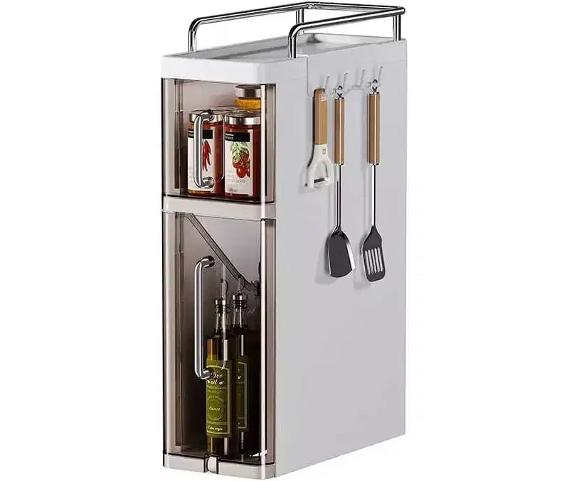 3-Tier Spice Organizer with Doors, Kitchen Cabinet Storage for Spices, Utensils & Cutlery, 4 Hooks, Dustproof Design
