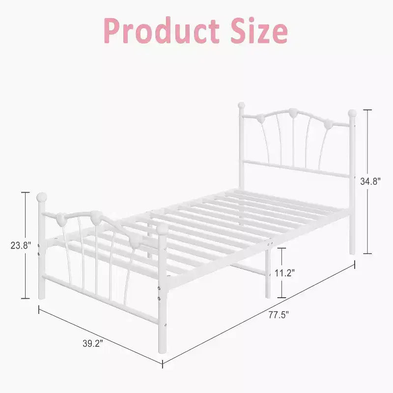 Twin Heart Shaped Metal Bed Frame - White, Platform with Headboard, Footboard and Underbed Storage