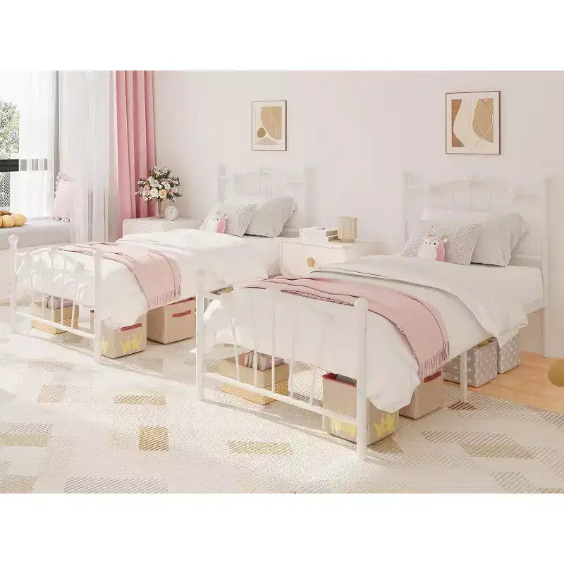 Twin Heart Shaped Metal Bed Frame - White, Platform with Headboard, Footboard and Underbed Storage