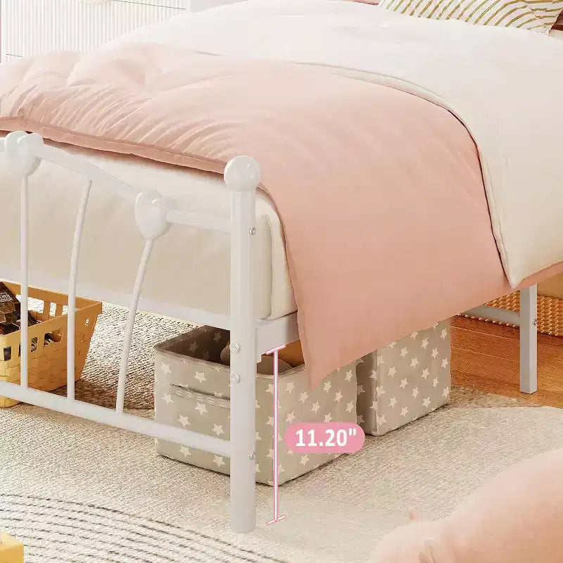Twin Heart Shaped Metal Bed Frame - White, Platform with Headboard, Footboard and Underbed Storage
