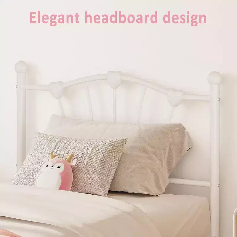 Twin Heart Shaped Metal Bed Frame - White, Platform with Headboard, Footboard and Underbed Storage