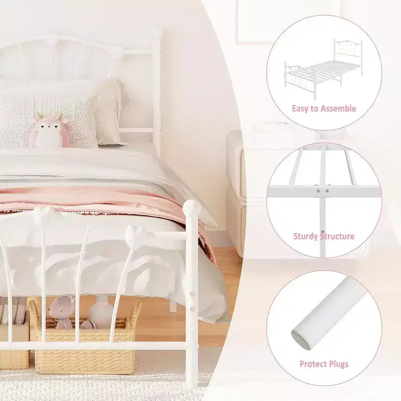 Twin Heart Shaped Metal Bed Frame - White, Platform with Headboard, Footboard and Underbed Storage