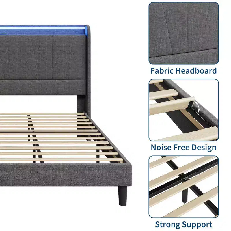 Fabric Upholstered Platform Bed Frame with Under Storage, Steel Slats, USB Charging and RGB LED Lights
