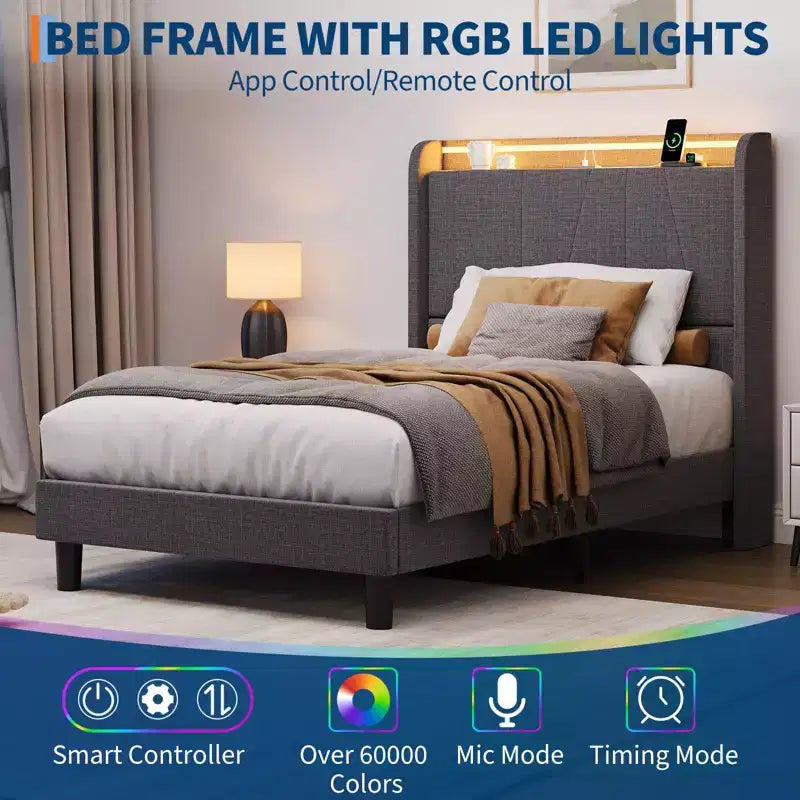 Fabric Upholstered Platform Bed Frame with Under Storage, Steel Slats, USB Charging and RGB LED Lights