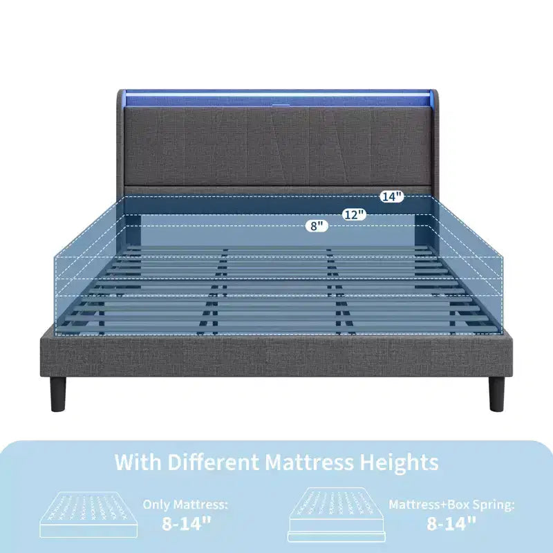 Fabric Upholstered Platform Bed Frame with Under Storage, Steel Slats, USB Charging and RGB LED Lights