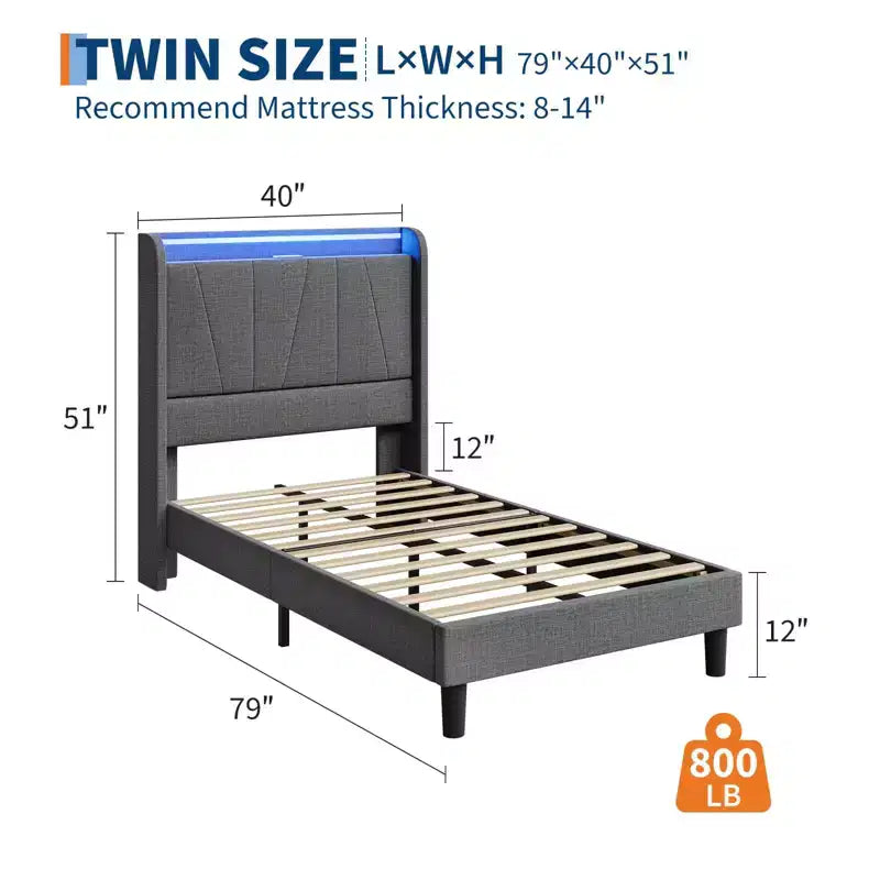 Fabric Upholstered Platform Bed Frame with Under Storage, Steel Slats, USB Charging and RGB LED Lights