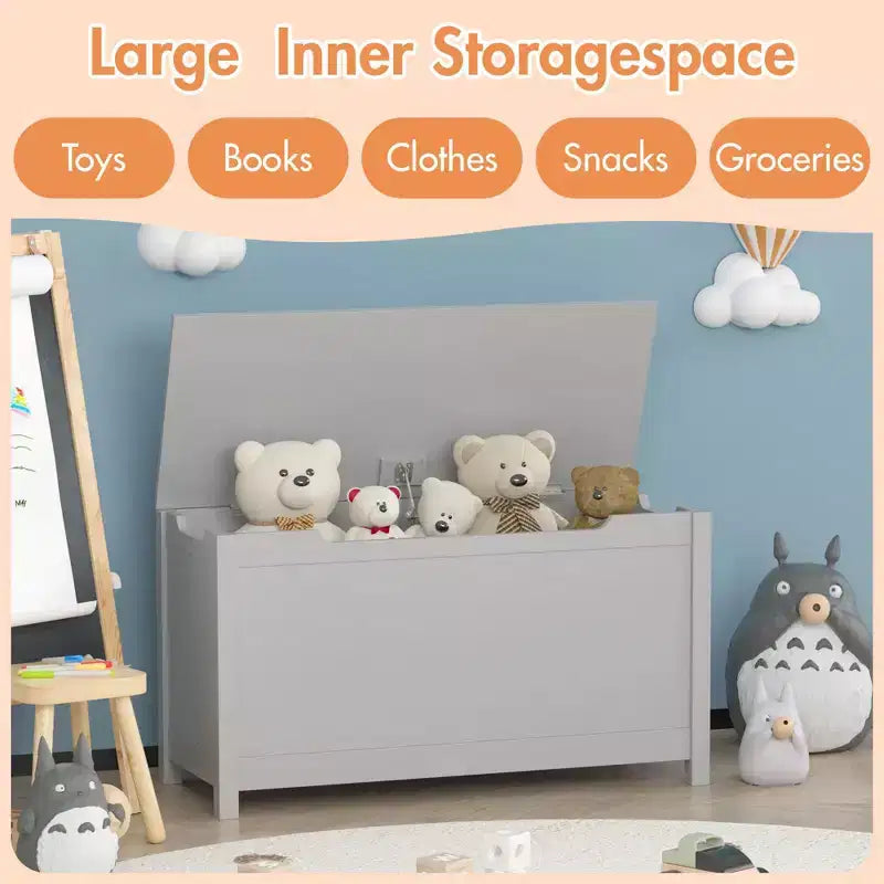 Kids Wooden Toy Box Storage with Safety Hinged Lid for Ages 2+ (White)