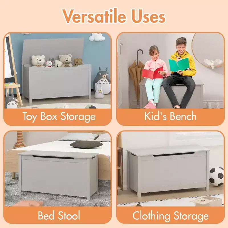 Kids Wooden Toy Box Storage with Safety Hinged Lid for Ages 2+ (White)
