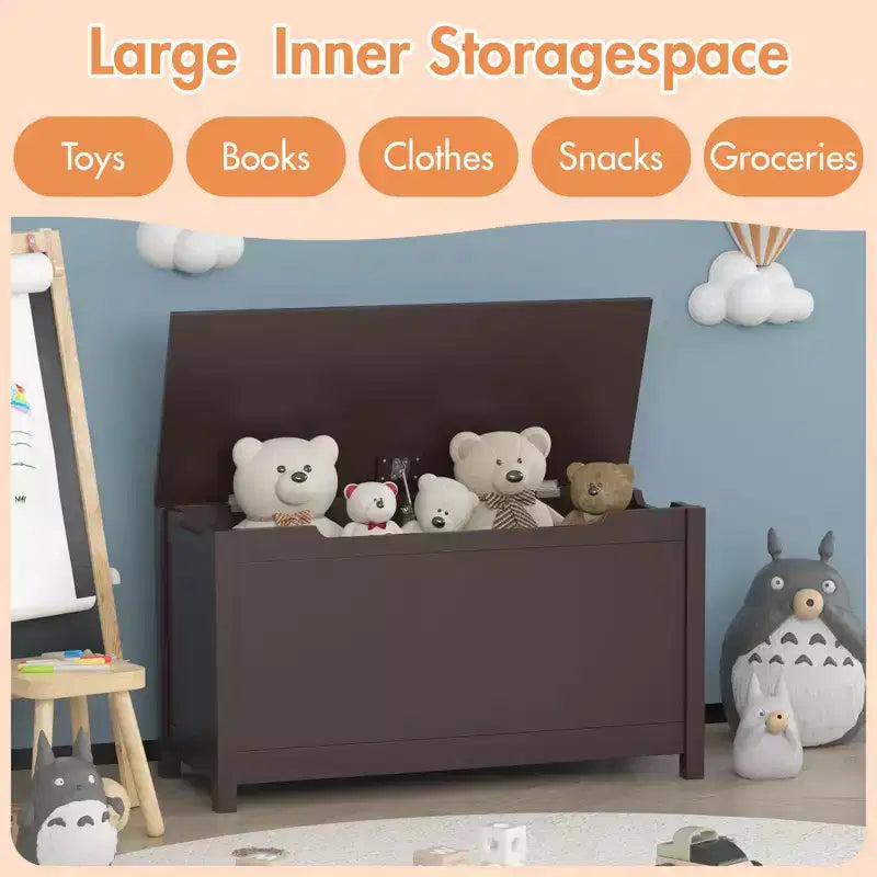Kids Wooden Toy Box Storage with Safety Hinged Lid for Ages 2+ (White)