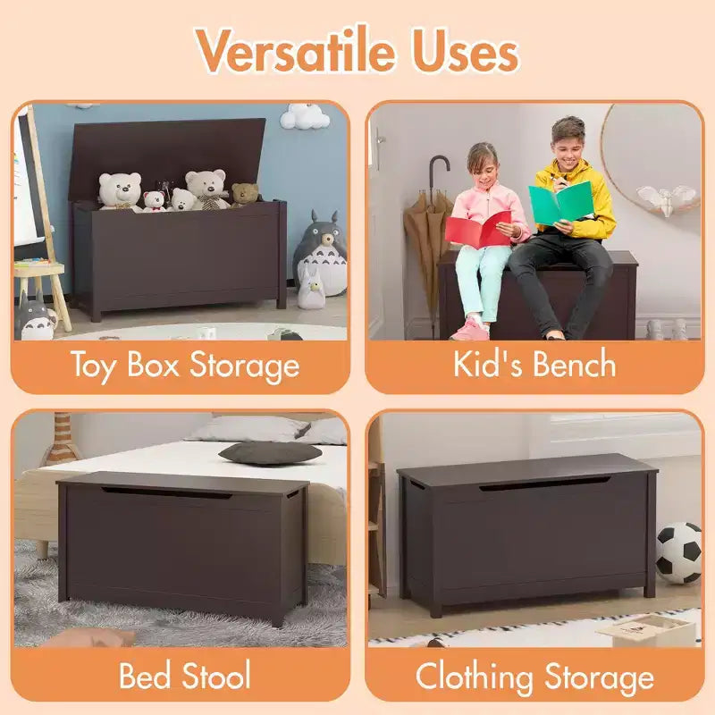 Kids Wooden Toy Box Storage with Safety Hinged Lid for Ages 2+ (White)