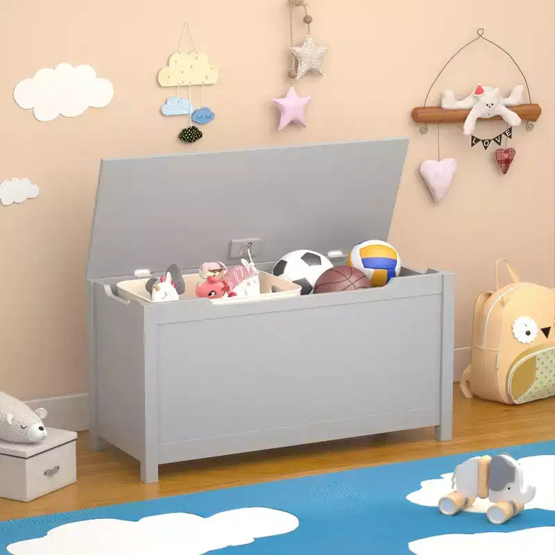 Kids Wooden Toy Box Storage with Safety Hinged Lid for Ages 2+ (White)