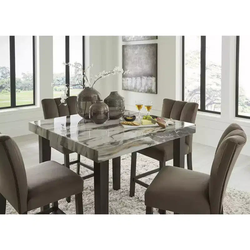 Square Counter Height Dining Table - Dark Brown & Beige Faux Marble Top, Seats 4