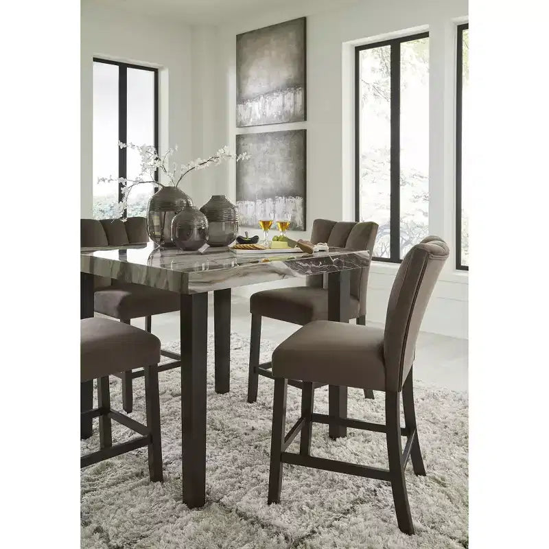 Square Counter Height Dining Table - Dark Brown & Beige Faux Marble Top, Seats 4
