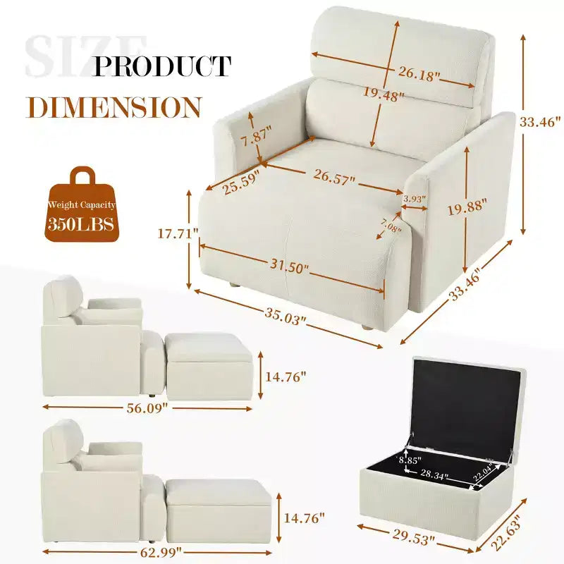 Oversized Chair with Storage Ottoman, Wide Accent Armchair, Upholstered Mid-Century Reading Chair, Deep Seat Sofa Couch