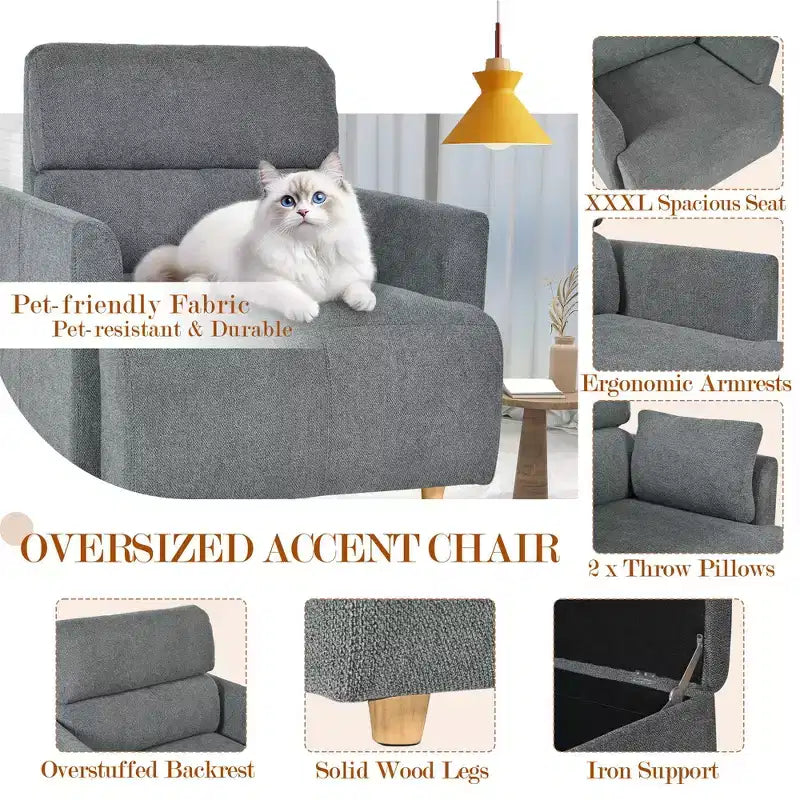 Oversized Chair with Storage Ottoman, Wide Accent Armchair, Upholstered Mid-Century Reading Chair, Deep Seat Sofa Couch