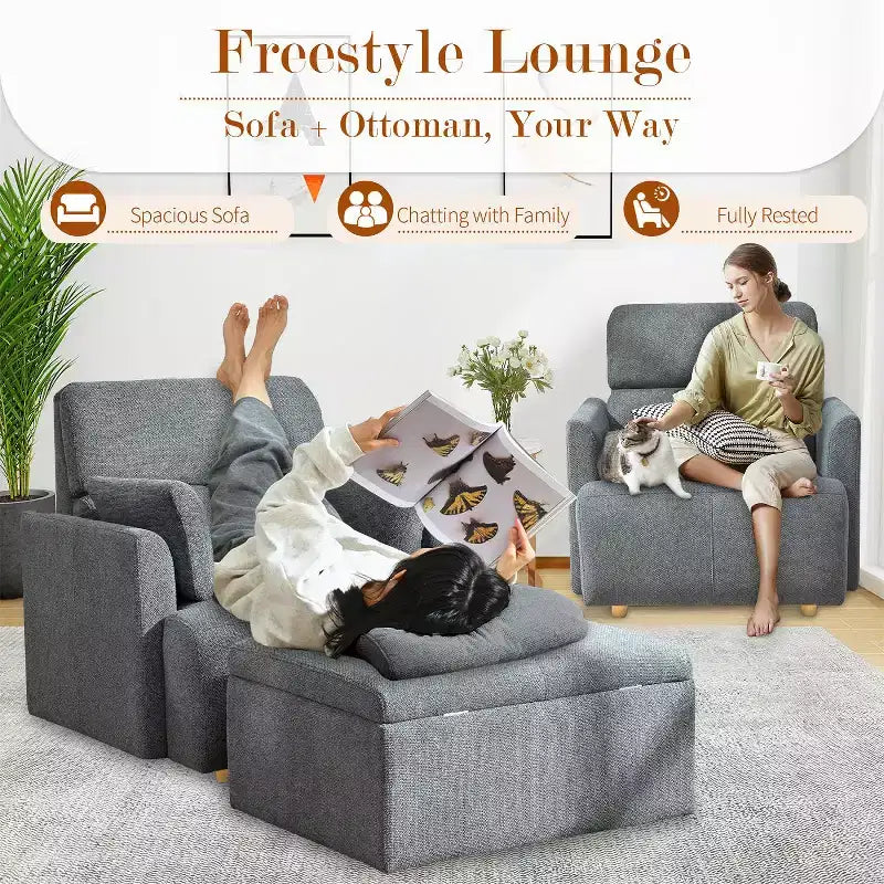 Oversized Chair with Storage Ottoman, Wide Accent Armchair, Upholstered Mid-Century Reading Chair, Deep Seat Sofa Couch