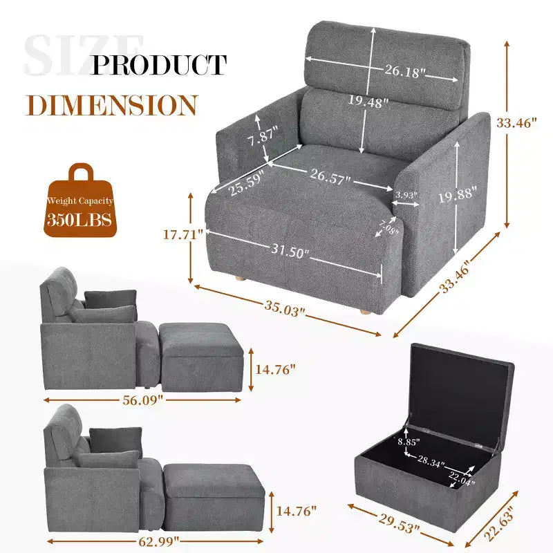 Oversized Chair with Storage Ottoman, Wide Accent Armchair, Upholstered Mid-Century Reading Chair, Deep Seat Sofa Couch