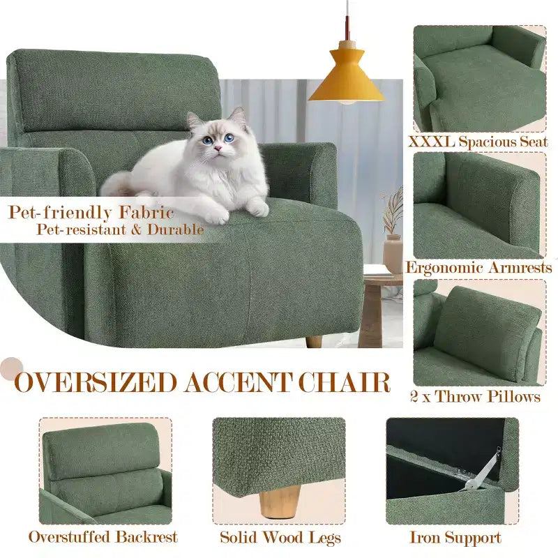 Oversized Chair with Storage Ottoman, Wide Accent Armchair, Upholstered Mid-Century Reading Chair, Deep Seat Sofa Couch