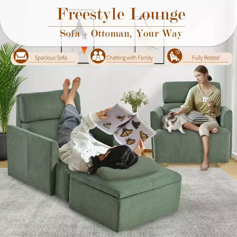 Oversized Chair with Storage Ottoman, Wide Accent Armchair, Upholstered Mid-Century Reading Chair, Deep Seat Sofa Couch