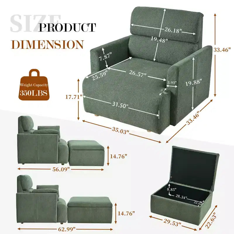 Oversized Chair with Storage Ottoman, Wide Accent Armchair, Upholstered Mid-Century Reading Chair, Deep Seat Sofa Couch