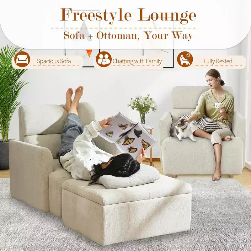 Oversized Chair with Storage Ottoman, Wide Accent Armchair, Upholstered Mid-Century Reading Chair, Deep Seat Sofa Couch