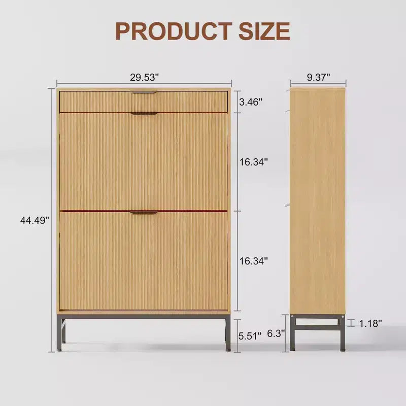 Fluted Shoe Cabinet with 2 Flip Drawers, Slim Wood Shoe Organizer for Small Spaces, Hallway Entryway