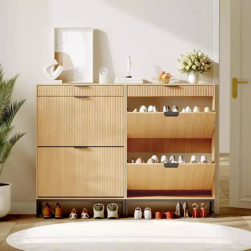 Fluted Shoe Cabinet with 2 Flip Drawers, Slim Wood Shoe Organizer for Small Spaces, Hallway Entryway