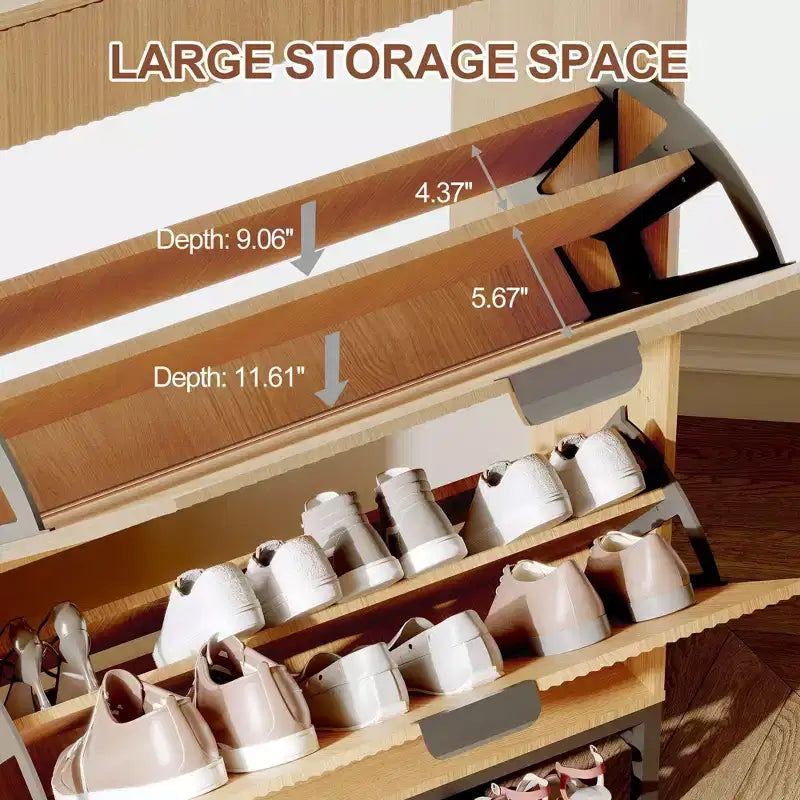 Fluted Shoe Cabinet with 2 Flip Drawers, Slim Wood Shoe Organizer for Small Spaces, Hallway Entryway