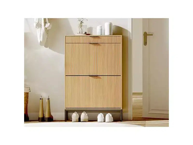 Fluted Shoe Cabinet with 2 Flip Drawers, Slim Wood Shoe Organizer for Small Spaces, Hallway Entryway