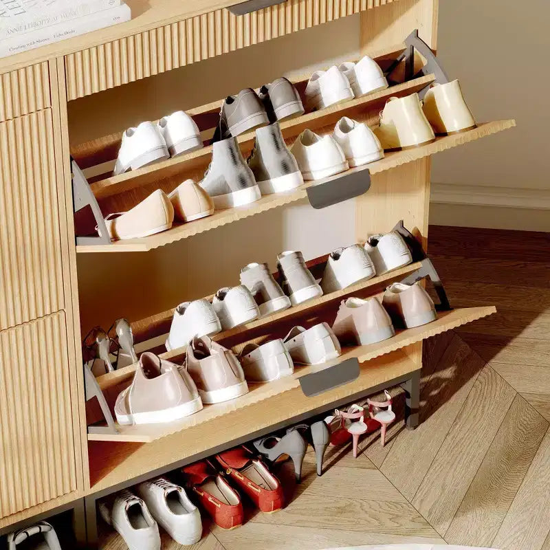 Fluted Shoe Cabinet with 2 Flip Drawers, Slim Wood Shoe Organizer for Small Spaces, Hallway Entryway