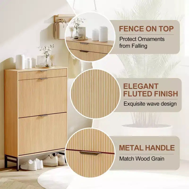 Fluted Shoe Cabinet with 2 Flip Drawers, Slim Wood Shoe Organizer for Small Spaces, Hallway Entryway