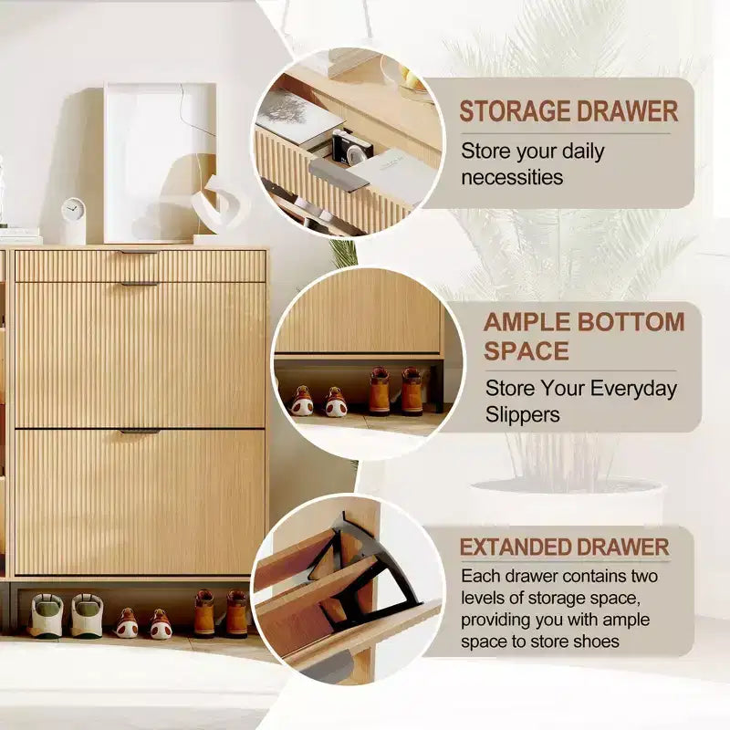 Fluted Shoe Cabinet with 2 Flip Drawers, Slim Wood Shoe Organizer for Small Spaces, Hallway Entryway