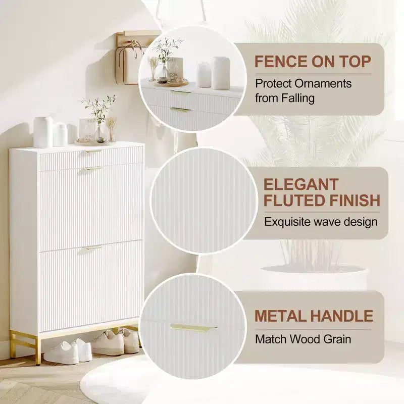 Fluted Shoe Cabinet with 2 Flip Drawers, Slim Wood Shoe Organizer for Small Spaces, Hallway Entryway