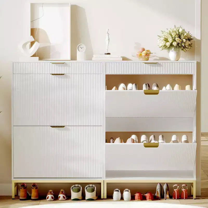 Fluted Shoe Cabinet with 2 Flip Drawers, Slim Wood Shoe Organizer for Small Spaces, Hallway Entryway