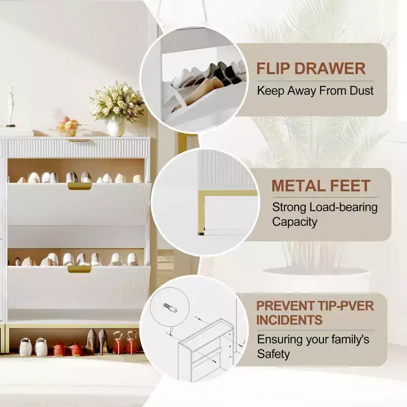 Fluted Shoe Cabinet with 2 Flip Drawers, Slim Wood Shoe Organizer for Small Spaces, Hallway Entryway