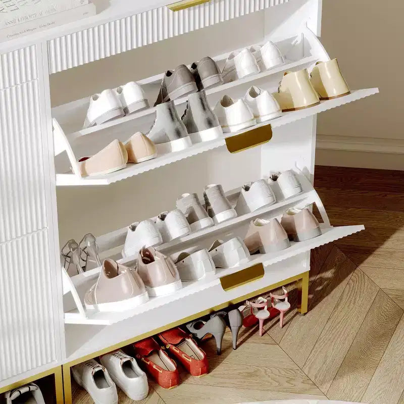 Fluted Shoe Cabinet with 2 Flip Drawers, Slim Wood Shoe Organizer for Small Spaces, Hallway Entryway