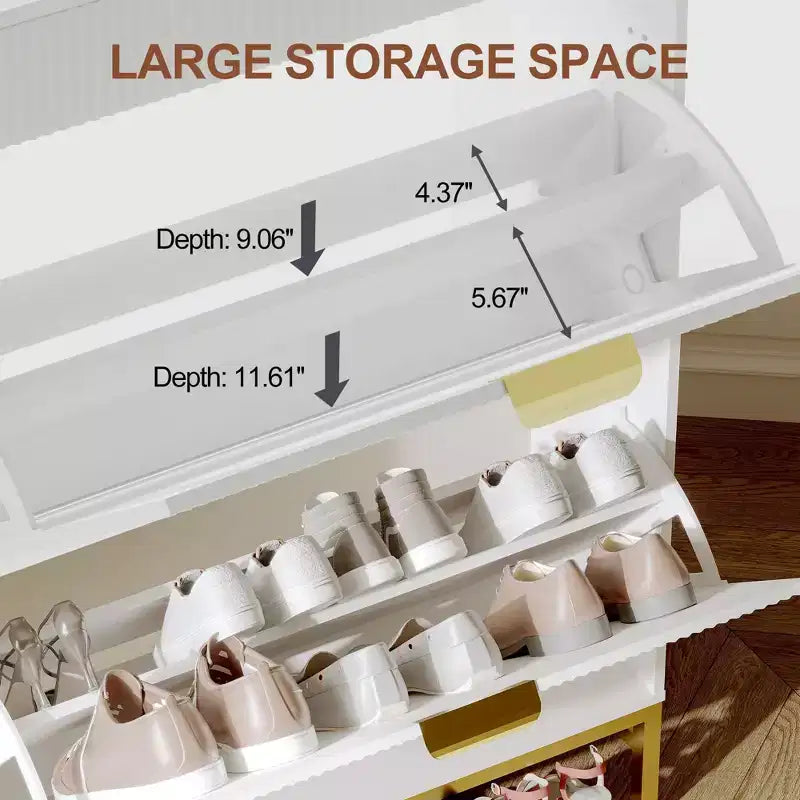 Fluted Shoe Cabinet with 2 Flip Drawers, Slim Wood Shoe Organizer for Small Spaces, Hallway Entryway